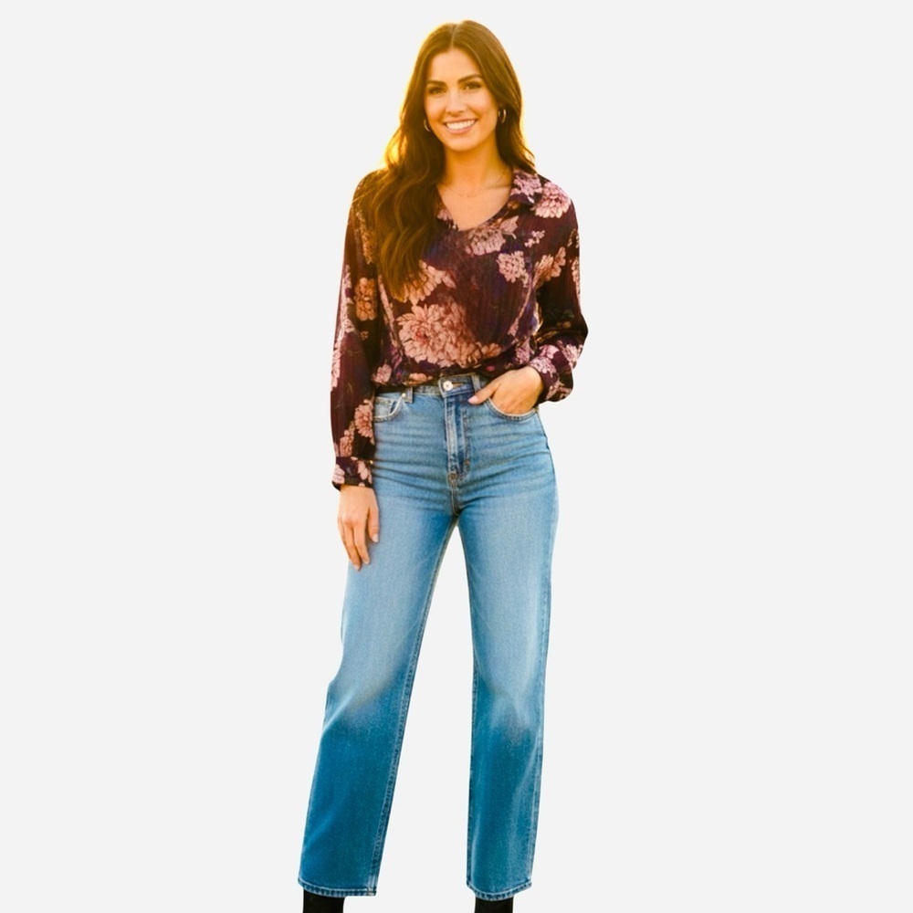 Zara Basic collection Floral V-Neck Blouse - Pink and Blue size medium